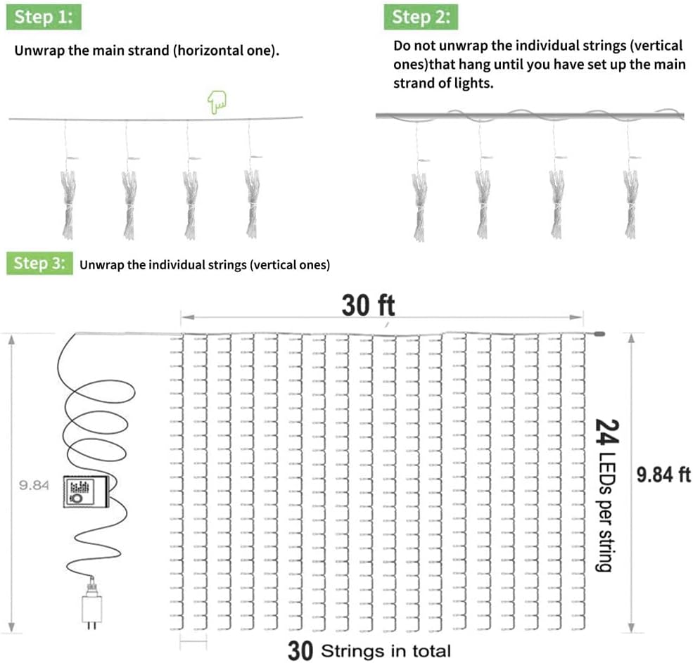 Solhice LED Curtain Lights Outdoor 30ft x10ft, 720 LED Plug in Hanging String Lights Indoor, Twinkle Light Backdrop for Outside Backyard Wedding Bedroom Décor, Warm White (Not Connectable)