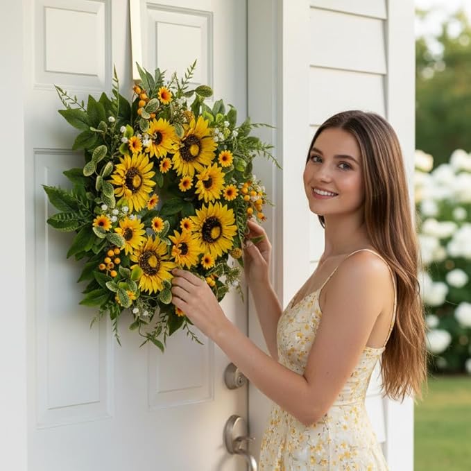Sunflower Wreath for Front Door, 24–26 Inch Spring & Summer Wreath with Lifelike Sunflowers, Handmade Outdoor Wreath for Front Door, Spring Home Decor