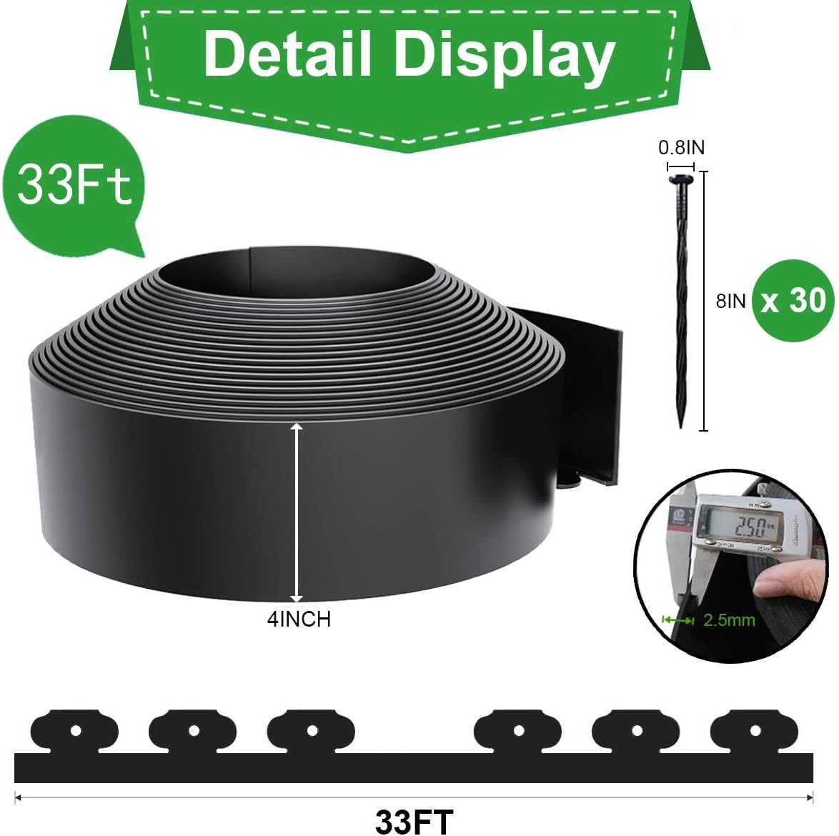 Landscape Edging, 33ft x 4inch Tall Plastic Garden Edging Border with 30 Spikes, Lawn Edging for Landscaping Flower Bed, Yard, Patio-Black