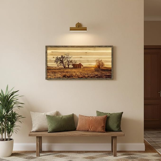 Farmhouse Picture Framed Wall Art: Large Bedroom Wooden Farm Country Painting Horizontal Old Barn Cabin Sunset View Artwork Big Panoramic Nature Landscape Natural Scene Print for Home Living Room