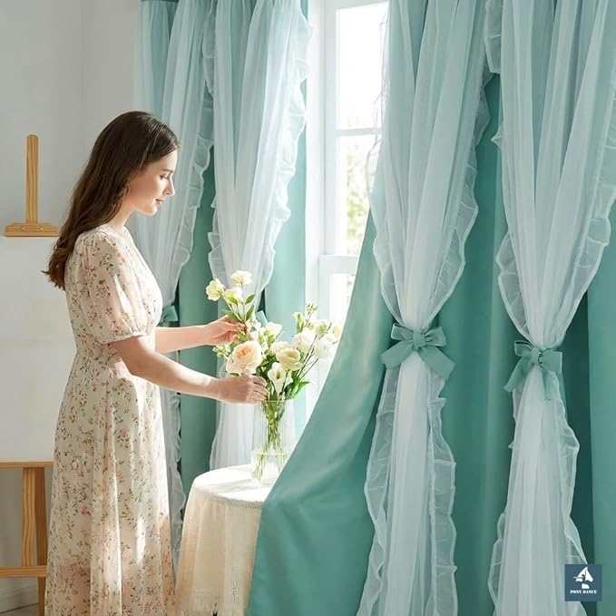 PONY DANCE Blackout Curtains for Living Room Decor Window Treatment Double Layer Drapes Ruffle Sheer Overlay Farmhouse Rustic Design, W 52 x L 84 Inches, Mint Green, 2 Panels