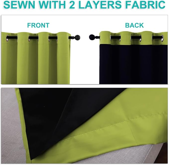 NICETOWN Full Shading Curtains 90" Long 2 Panels Set for Windows, Fresh Green, Pack of 2, 52" W, Super Heavy-Duty Black Lined Blackout Curtains for Bedroom, Privacy Assured Window Treatment
