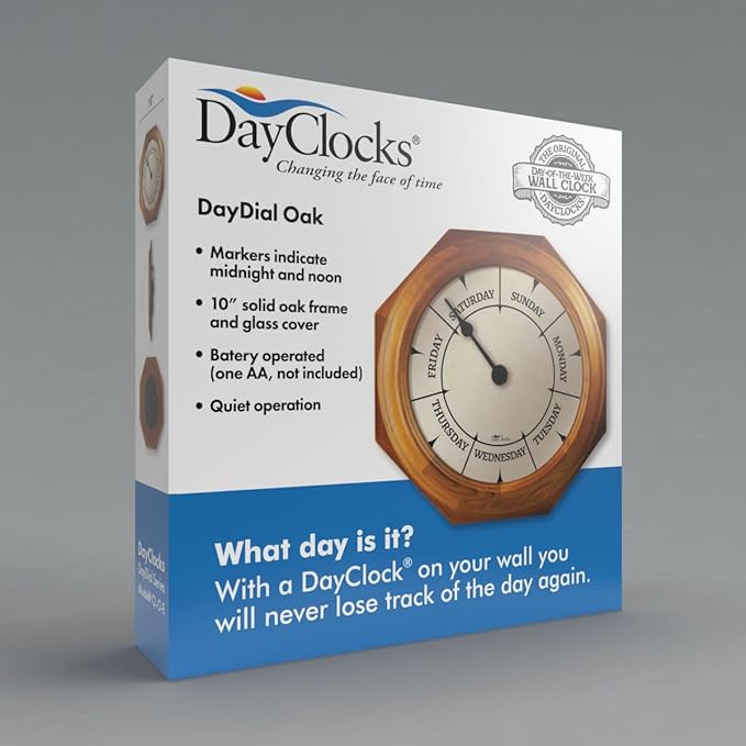 Classic Day of The Week Wall Clock - 10" Solid Oak Wood Frame, Ideal Retirement Gift for Men and Women, Day Clock for Seniors and Retirees