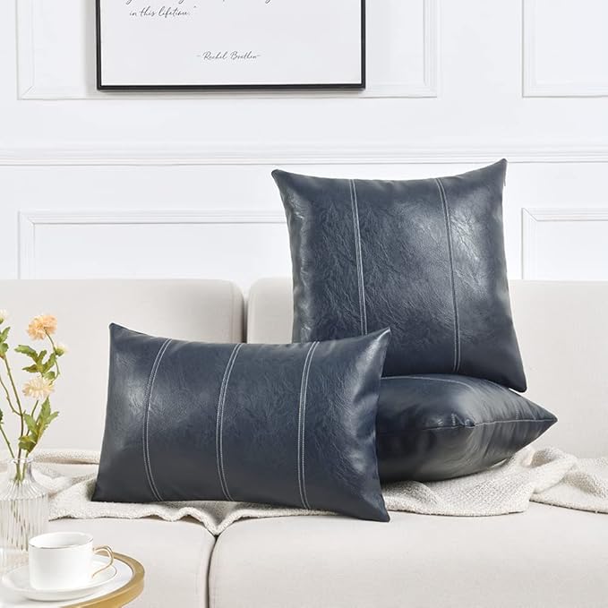 Fancy Homi Navy Blue Lumbar Waterproof Faux Leather Decorative Throw Pillow Covers 12x20 Inch for Outdoor Couch Bed, Modern Farmhouse Boho Home Decor, Blue Hand Stitched Cushion Case 30x50 cm