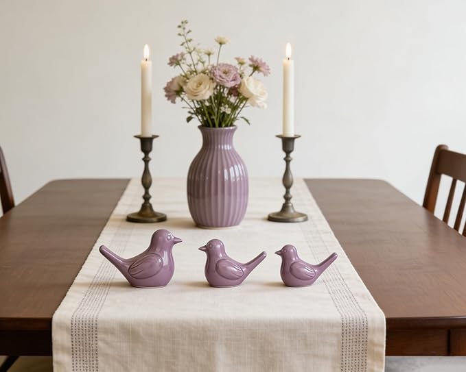 Small Purple Bird Statue Ceramic 2-Piece Set, 3¾ inch Cute Knick Knack for Home Office Shelf Desk Decor