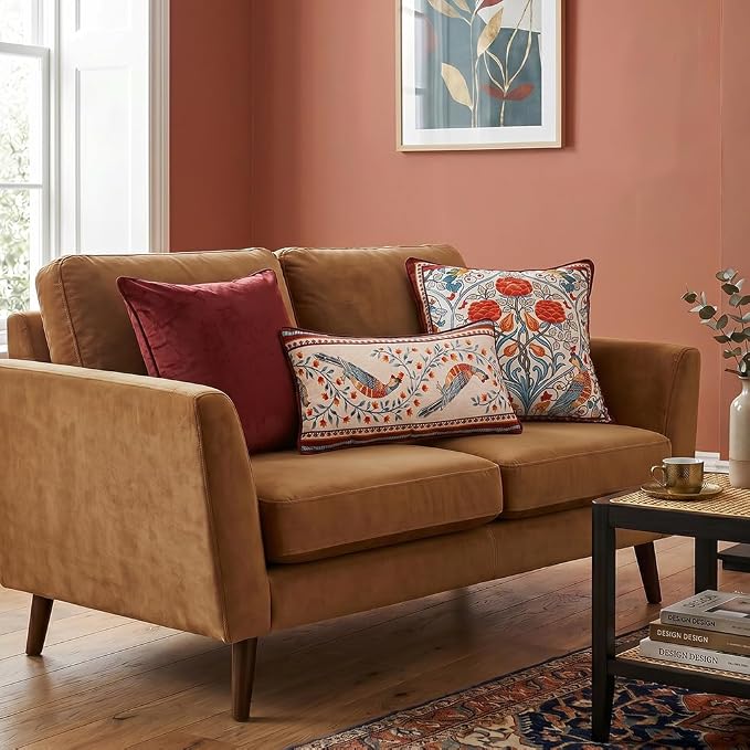 patdrea Designer French Velvet Throw Pillow Cover,Set of 4,-Moritz ABAC | Elegant Lumbar Pillow Case,Rust Red Floral and Bird Pattern,Decorative Pillow Cover for Couch Living Room Bedroom