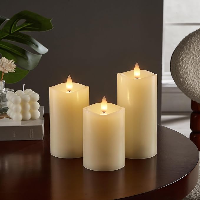 Flameless Pillar Candles Flickering with Remote Timer, Battery Operated LED Candles Up to 400 Hours, 3D Moving Flame Real Wax Candles. (Ivory Melted Top)