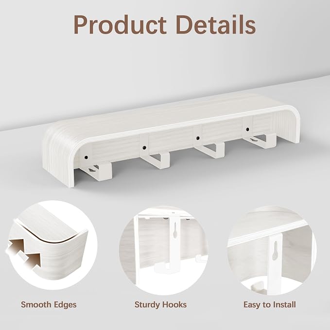 Coat Rack Wall Mount with Hidden Hooks, Wall Hooks with Shelf, Wall Key Holder Mount Wooden Shelf Entryway Hooks for Bedroom Bathroom for Hanging Coats Hats Bags Towels (White Wave-Shape, 4 Hooks)
