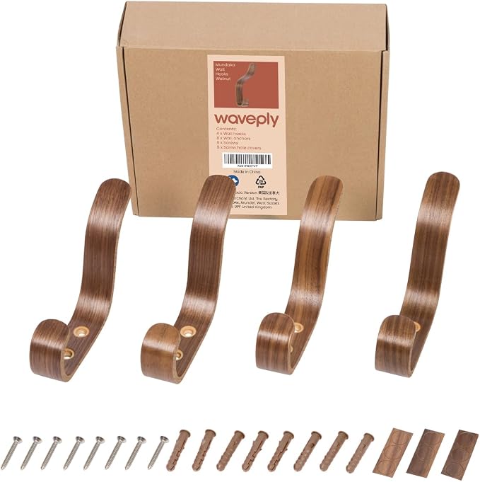Plywood Wall Hooks Set of 4 Wood Coat Hooks Hanging Clothes Hats Robes Towels Walnut Wooden