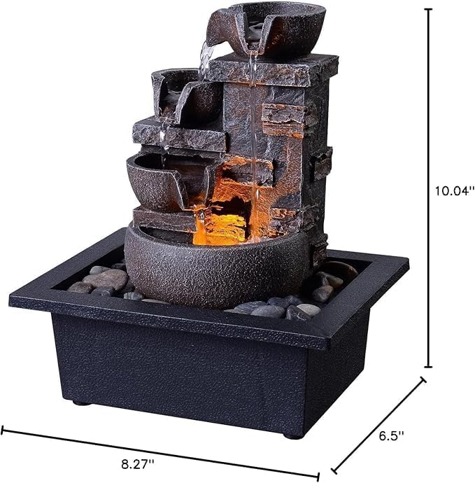 Kalona Décor Desktop Fountain - 10" 4-Tier Design with Imitation Stone, Indoor Waterfall Tabletop River Rocks & Resin Material for Serene Meditation & Relaxation - Ideal for Home & Office Decor