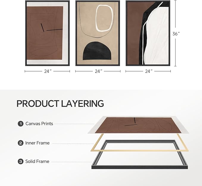 Framed Brown Abstract Wall Art for Living Room, 3 Piece Large Black and White Modern Canvas Artwork for Walls, Neutral Brown Abstract Prints Pictures Paintings Stairway Hallway Wall Decor, 24x36 Inch