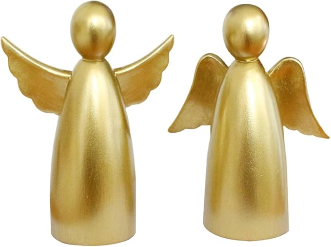 OwMell Set of 2 Cherubs Angels Resin Statue Figurine, Indoor Home Decoration, Adorable Angel Sculpture Memorial Statue 4" - Minimalist Gold