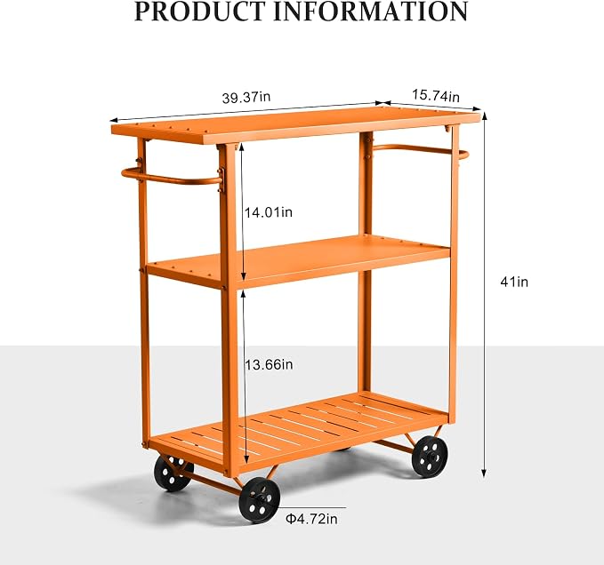 LOKKHAN Orange 3-Tier Metal Rolling Beverage Bar Cart | Waterproof Rustproof Serving Cart with Handle | 39.37 x 15.74 x 41 in | Indoor Use Outdoor Party Utility Storage Cart