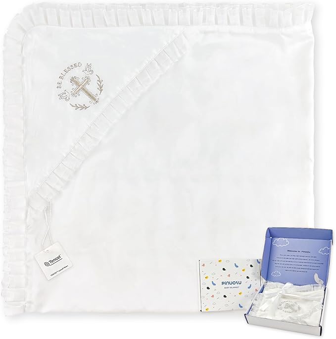 Tencel Baptism Baby Blanket – Lyocell Christening Blanket with Pleated Edge and “Be Blessed” Cross Embroidery, 39.4×39.4 in, Soft Heirloom Religious Gift for Boys & Girls