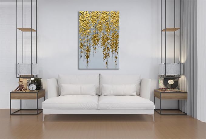 zoinart 3D Modern Oil Painting on Canvas Hand Painted Abstract Flower Paintings Gold Floral Artwork Texture Vertical Canvas Wall Art Contemporary Art