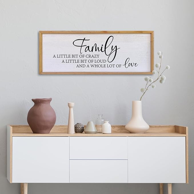 Family A Little Bit Of Crazy Sign Wall Decor 32"×12" Rustic Farmhouse Living Room Large Soild Wood Framed Hallway Hanging Sign Aesthetic Inspirational Quotes Entryway Home Wall Art (Wood)