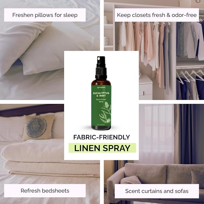 Eucalyptus & Mint Room, Linen & Pillow Spray by Aromafume | 100ml/3.38fl oz | with Pure Eucalyptus & Mint Essential Oil | Aromatherapy | Mist for Bedding, Fabrics