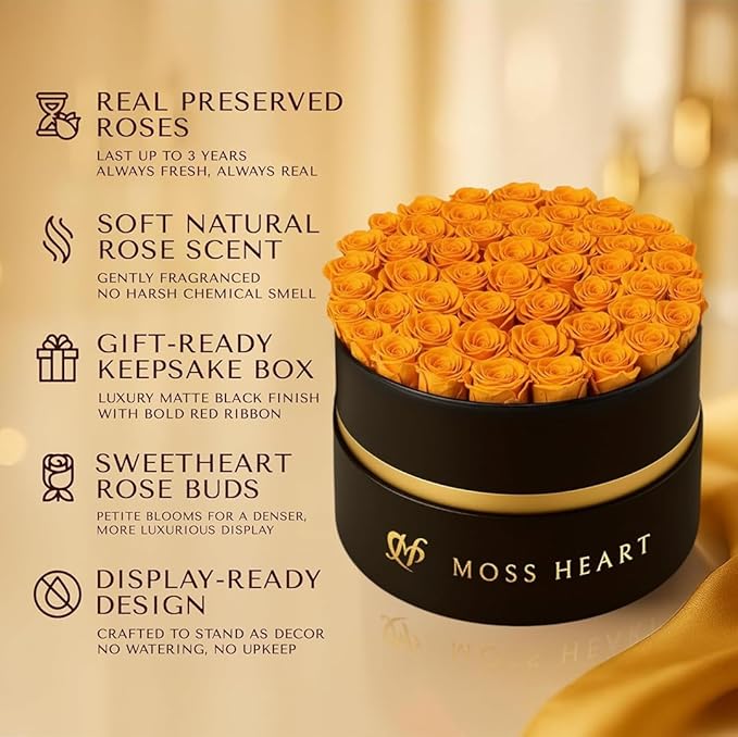 50 Petite Preserved Roses, Designer Round Box, Real Forever Roses Last 1+ Year, Premium Gift for Women, Wife, Girlfriend, Mother’s Day, Birthday, Anniversary, Valentine’s Day