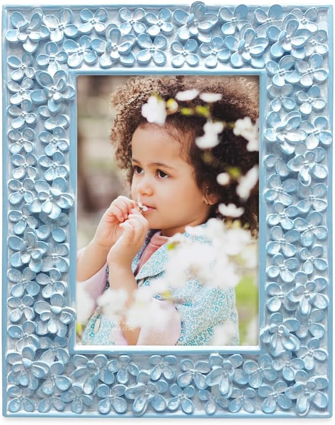 Isaac Jacobs 4x6 Blue Flower Textured Hand-Crafted Resin Picture Frame w/Easel & Hook for Tabletop & Wall Display, Decorative Floral Design Home Décor, Photo Gallery, Art (4x6, Blue)