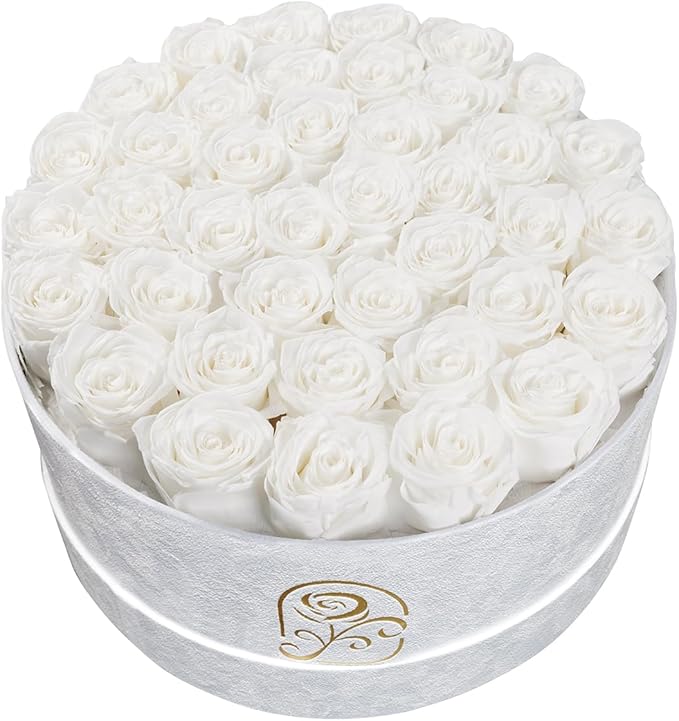 Gifts for Women Preserved Roses Flower Box, Luxury Velvet Box with 40 Roses, Preserved Flowers, Romantic Gift for Her, Wife, Girlfriend, Birthday Anniversary Christmas (White)