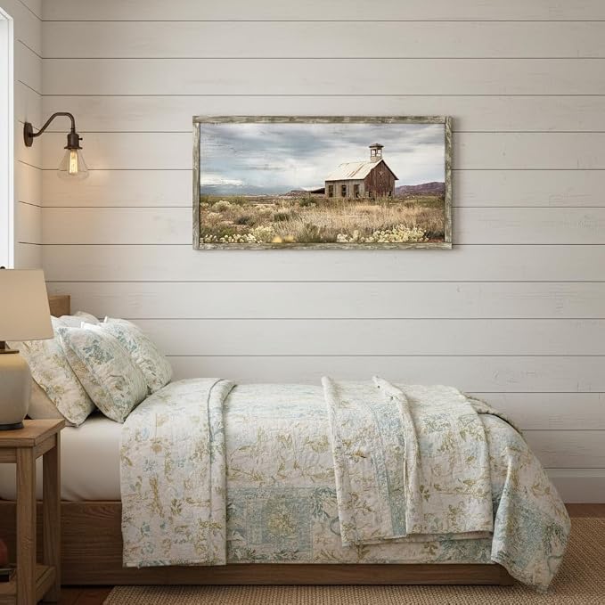 Farmhouse Wood Wall Art Picture: Framed Old Barn Print Decor Large Rustic Farm Landscape Country Artwork Panoramic Horizontal Nature Scene Rural Countryside Painting for Living Room Bedroom