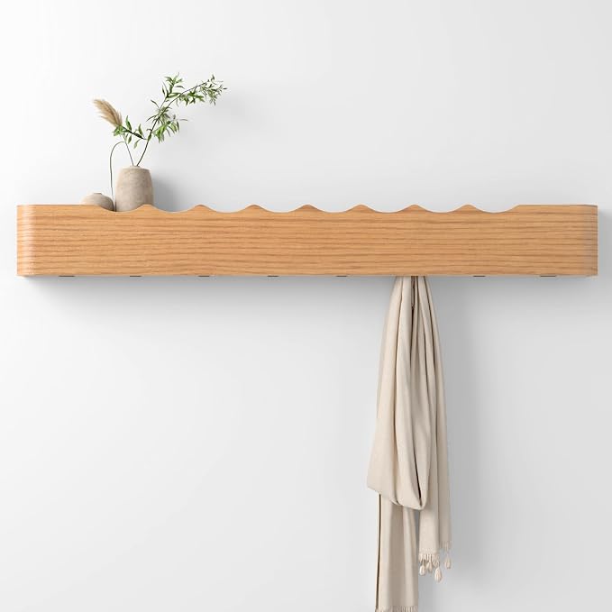 Coat Rack Wall Mount with Hidden Hooks, Wall Hooks with Shelf, Wall Key Holder Mount Wooden Shelf Entryway Hooks for Bedroom Bathroom for Hanging Coats Hats Bags Towels (Oak Wave-Shape, 8 Hooks)