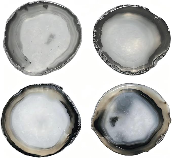 Agate Coaster for Drinks Polished Agate Slices Crystal Coasters with Rubber Gray 3-4" Coffee Table Decor Bar Sets for the Home