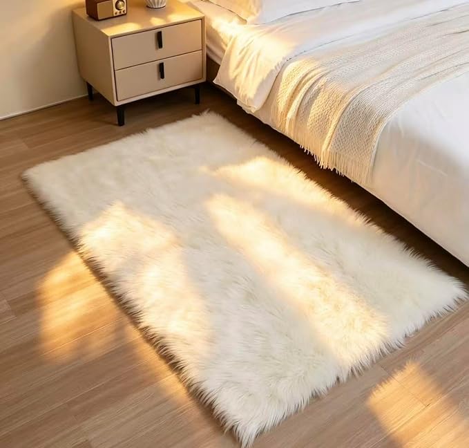 Faux Fur Rug Fluffy Sheepskin Area Rug,Ultra Soft Shaggy Plush Rug Bedroom Living Room Sofa Floor Kids Room Bedside（3 x 5 ft Rectangle White）