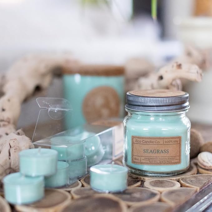 ECO CANDLE CO. Mason Jar Candle, Seagrass, 8 oz. - Scents of Coconut, Jasmine, Eucalyptus, Vetiver, Driftwood, & Seaweed - 100% Soy Wax, No Lead, Kraft Label & Antiqued Pewter Lid, Hand Made