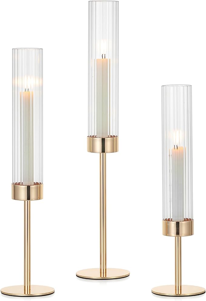 Hewory Gold Taper Candle Holders: Candlestick Holders Set of 3 Hurricane Glass Tall Candle Holder for Candlesticks Candle Sticks Holder Decor for Table Centerpiece Wedding Party Christmas Decorations