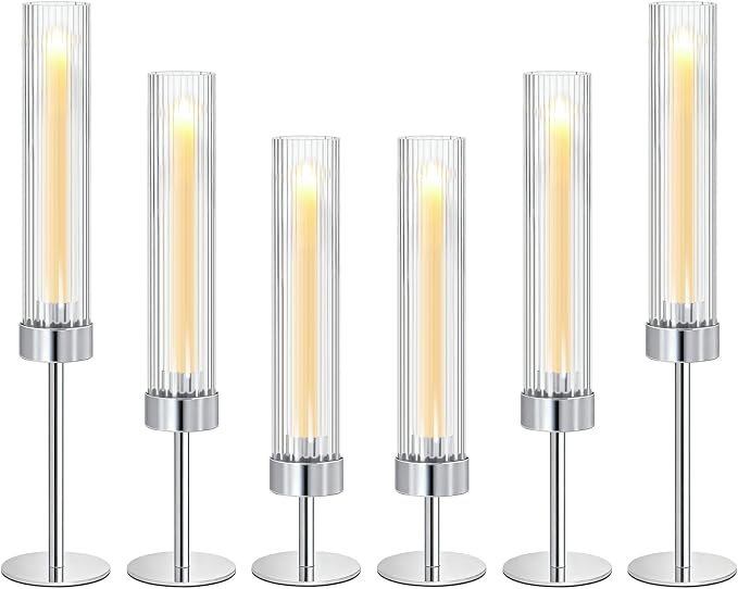 Metal & Acrylic Taper Candle Holders with Ribbed Design - Hurricane Clear Cylinder Candelabra for Wedding, Christmas, Party, Dining Table Centerpiece Decor (Silver, Set of 6)