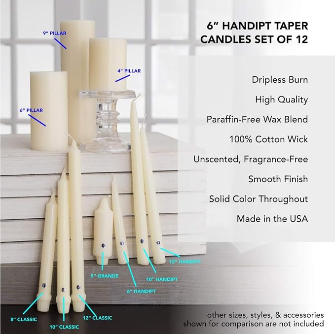 Colonial Candle Unscented Taper Candle, Handipt Collection, Evergreen, 6 in, Pack of 12 - Up to 4 Hours Burn