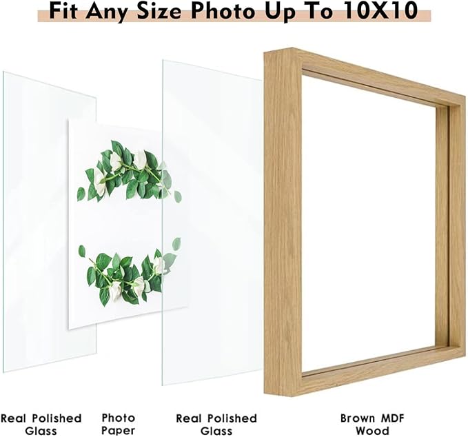 MUYE 10x10 Floating Frame Set of 2,Double Glass Square Photo Frame,Display Any Size Photo up to 10x10,Wall Mount or Tabletop Standing,Natural