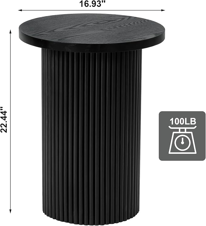 Modern Side Table, 16.93" Fluted Round Pedestal Table for Living Room, Bedroom, Entryway, Sofa, Chair – Black Accent Table with Solid Wood Strips End Table