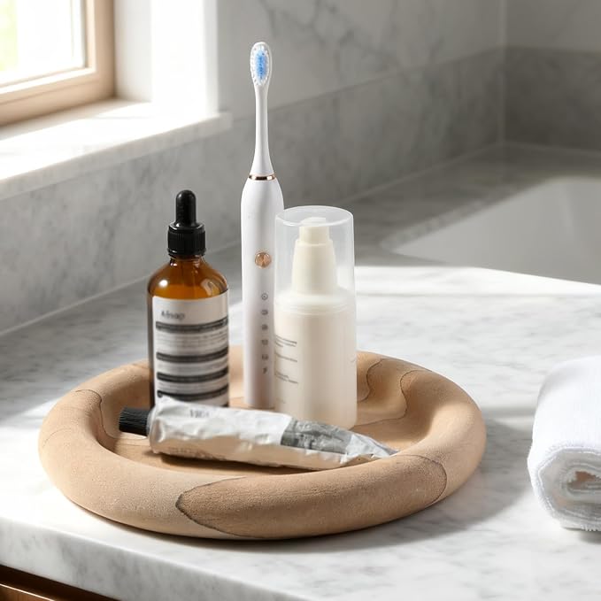 Marble Tray, 9.45" Marble Round Decorative Vanity Tray for Bathroom Bedroom Countertop, Kitchen Counter, Stone Catchall Tray for Perfume Jewelry Candle Dish (Vein Sandstone)