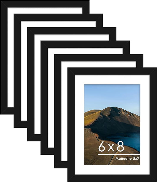PEALSN 6x8 Picture Frame Set of 6, Display Pictures 5 x 7 with Mat or 6 x 8 without Mat for Wall Mounting or Table Top Display, Photo Frames Collage for Wall Decor, Black.