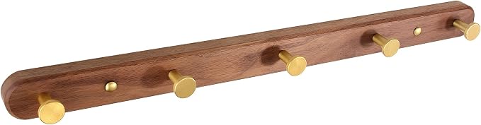 Wall Mounted Coat Rack, Entryway Hanging Coat Rack, Metal Wood Coat Rail with 5 Rustic Hooks Rail for Coat, Scarf, Bag, Towel, Key, Cap, Hat, Walnut Gold Matt