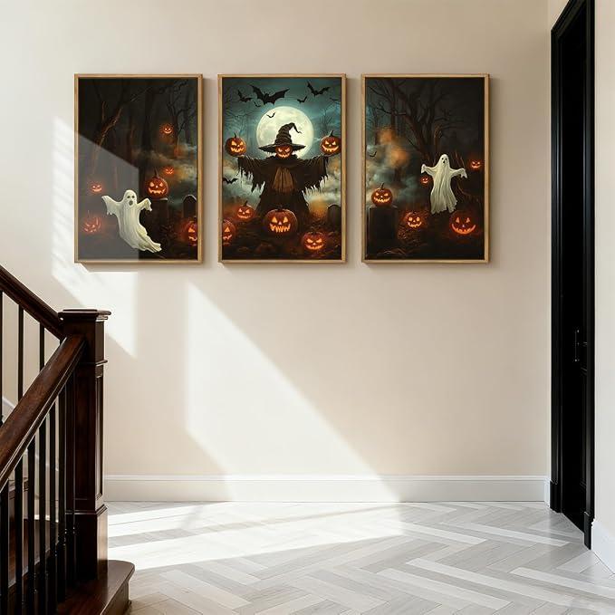 Anyzal Halloween Ghost Wall Art Spooky Pumpkin Wall Decor Dark Forest Artwork for Living Room Bedroom Dining Room16x24 Inch Set of 3