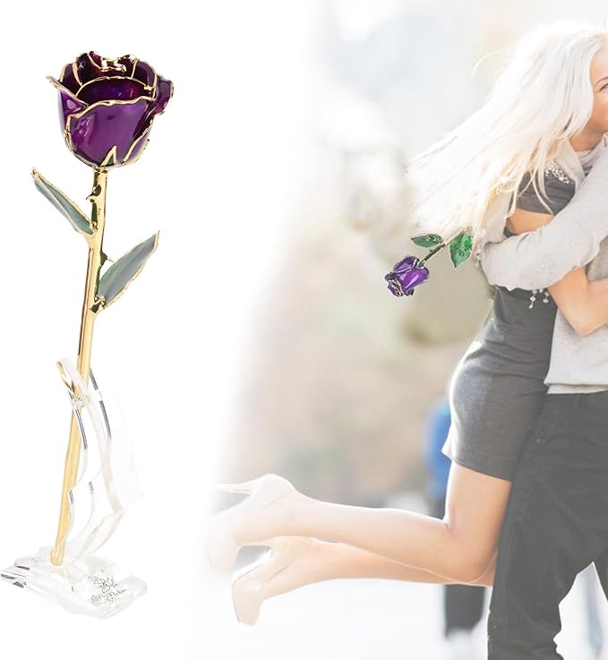 Ejoyous 24k Gold Dipped Rose Forever Preserved Long Stem Rose Flower for Wife Mother Girlfriend Her Birthday Christmas Day Valentine's Day Anniversary, Rose with Stand