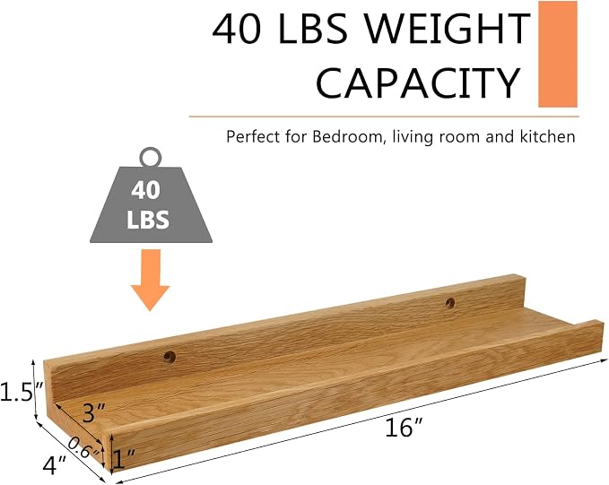 Floating Shelves Wall Mounted, 16 Inch Wall Shelves for Decor and Storage, Natural Solid Oak Wood Shelf, Picture Ledge for Bedroom/Bathroom/Living Room/Kitchen/Laundry Room, Natural Color | Premium 1-pack heavy duty natural wood shelf. Sturdy shelf for...