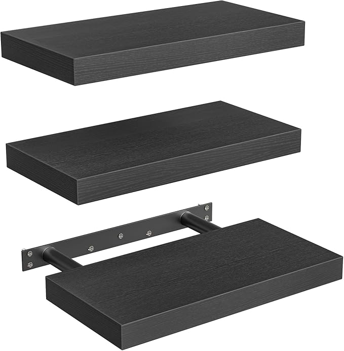 RALGEND Floating Shelves for Wall, 1.5" Thick Wall Shelf Set of 3 with Invisible Brackets, 15.7L x 7.9W Hanging Book Shelves Farmhouse Home Decor for Bathroom, Living Room, Bedroom, Black 4301BJP3BK