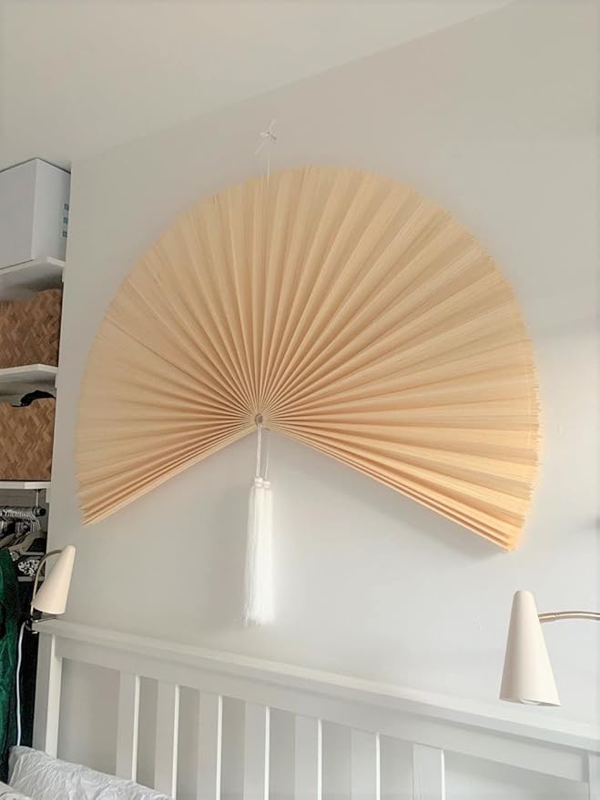 ChumDecor Fan Wall Decor, Japanese Giant Fan, Large Bamboo Fan Wall Art For Boho Hanging Headboard, Decorative Folding Fans For Over Bed, Asia Trending (Ivory 60 inch)