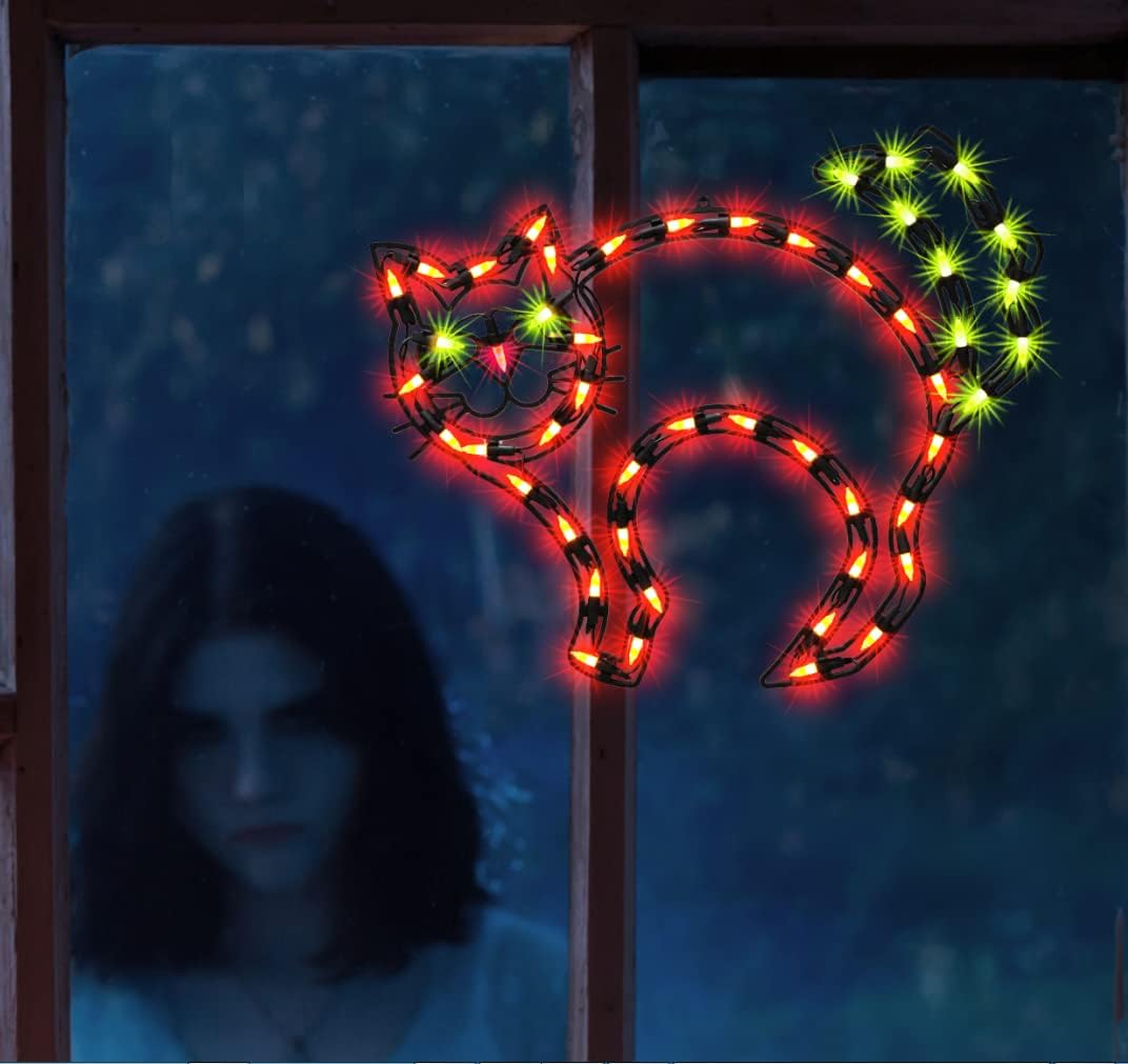 17" Lighted CAT Halloween Window Silhouette Decoration,Halloween Lighted Window Decoration,Hanging Light Up Holiday Ornament,Cat Light