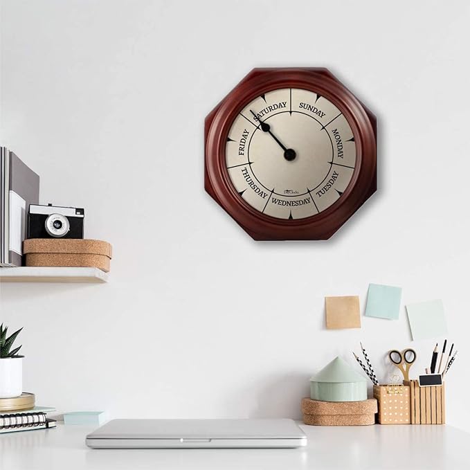 Classic Day of The Week Wall Clock - 10" Solid Mahogany Wood Frame, Ideal Retirement Gift for Men and Women, Day Clock for Seniors and Retirees