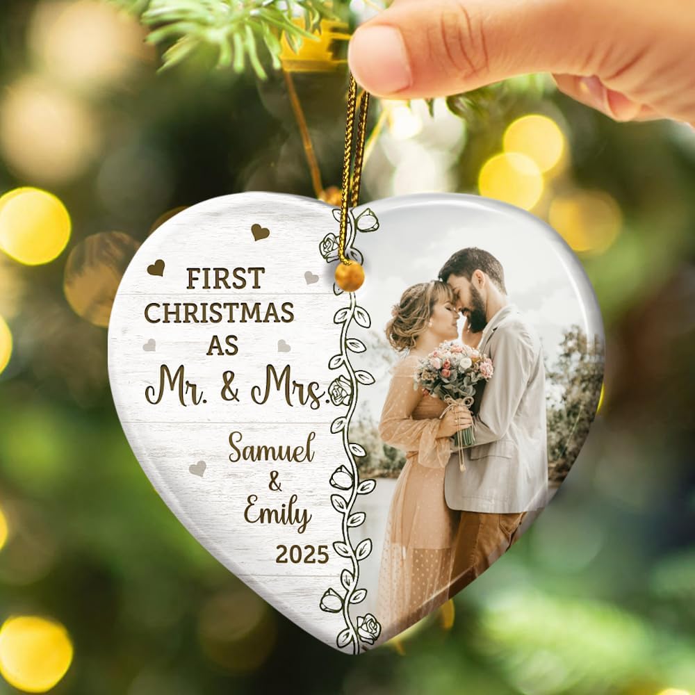 Personalized Heart Ceramic Ornament - Holiday Keepsake for Couples, Newlyweds, Home Tree Decoration for Winter - Custom Photo First Christmas Married