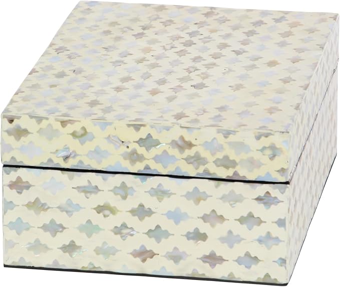 Deco 79 Mother of Pearl Shell Geometric Handmade Decorative Box Storage Decorative Keepsake Boxes with Hinged Lid, Set of 2 Storage Boxes 12", 8"W, Cream