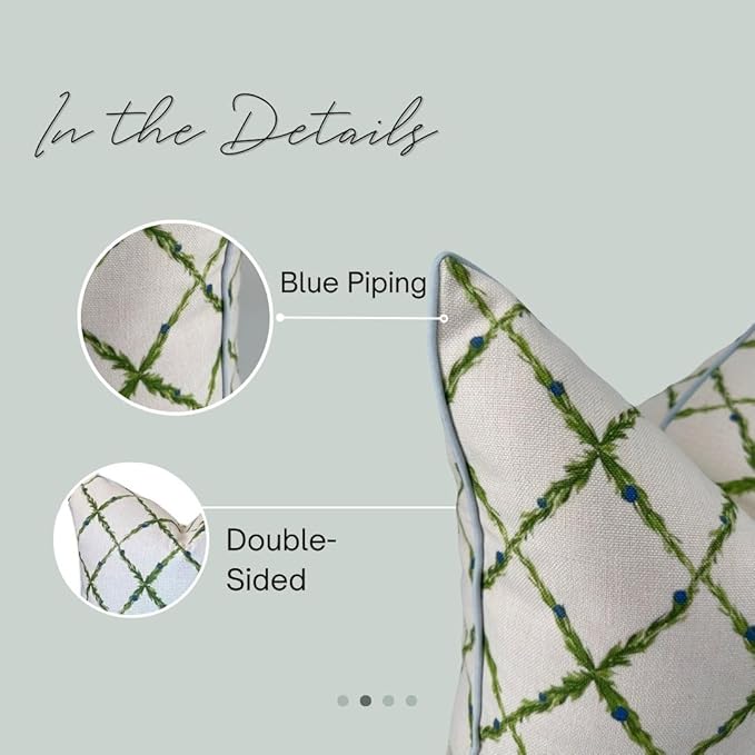 Jillien Harbor “The Lattice” Spring Decorative Festive Pillow Cover – Garden-Inspired White Accent Pillow Cover with Grey-Blue Pipping – Grandmillennial Home Decor, 20" x 20"