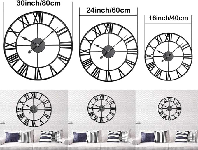 Antique Tower 30 inch Large Roman Numeral Wall Clock, Indoor Outdoor Patio Waterproof Oversized Decorative Contemporary Clock, Antique Black Metal Wall Clock Battery Operated Retro Art Hanging Clock,3