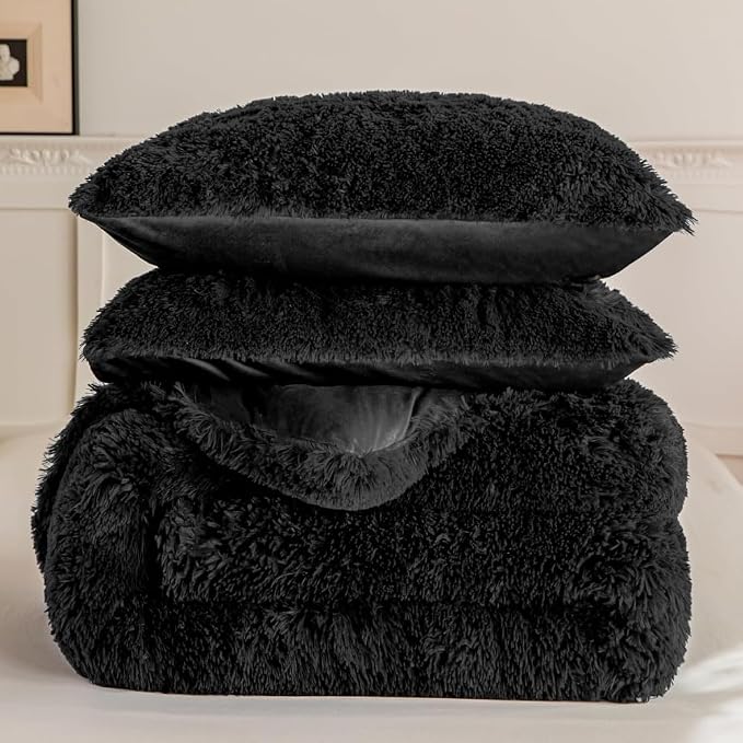 chovy Faux Fur Plush Black Comforter Sets Twin/Full Size - Ultra Soft Shaggy Flannel Velvet Fluffy Fuzzy 3PC Bedding Set （Comforter x 1 Pillowcases x 2）