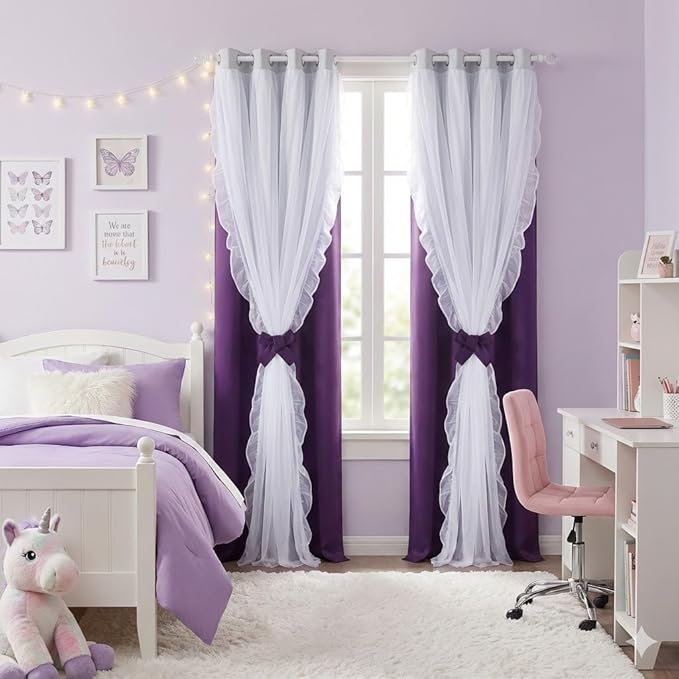 PONY DANCE Blackout Curtains for Living Room Decor Window Treatment Double Layer Drapes Ruffle Sheer Overlay,Moody Curtains, W 52 x L 84 Inches, Ombre-Purple, 2 Panels